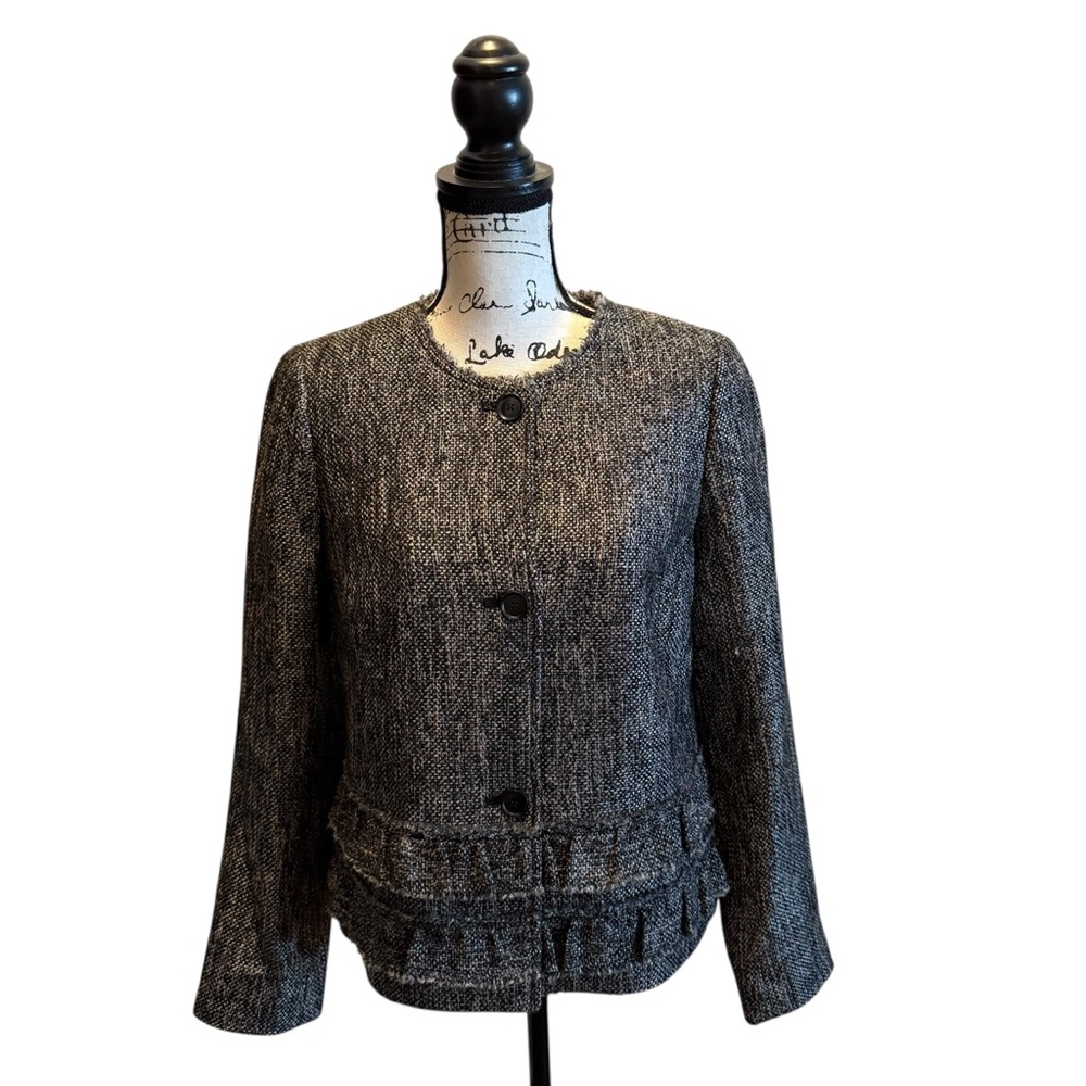 Talbots Womens Tweed Blazer Jacket Black Size 8 Ruffle Trim Wool Blend NWT